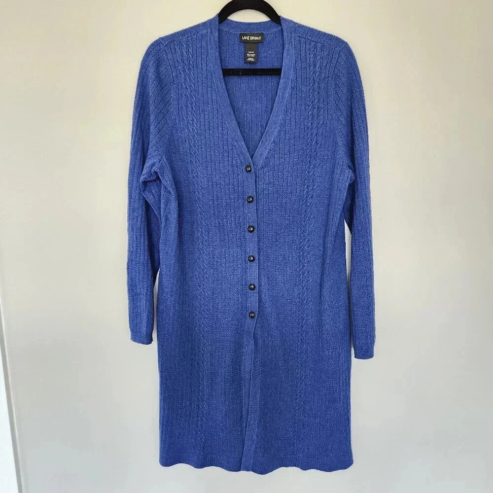 Lane Bryant Women's Size 14/16 Long Line Wool Blend Cardigan Cable Knit Blue  -